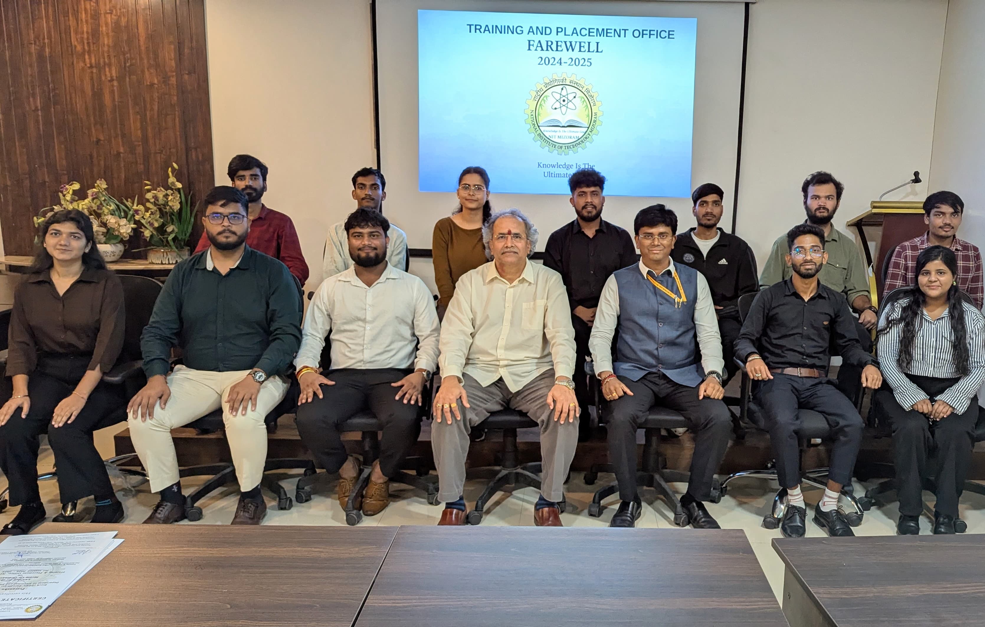 Prof. S. Sundar, Director of NIT Mizoram, and Dr. Sukanta Roy, Dean (Academic) of NIT Mizoram with the student coordinators (2024-2025) of the Training and Placement Office